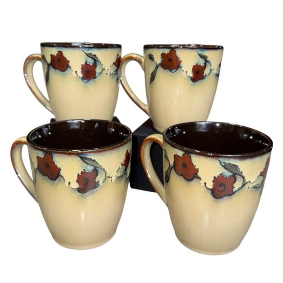 New Mikasa Desert Bloom Coffee Tea Mug Cup Gourmet Basics Floral Brown Lot of 4 - Picture 2 of 7